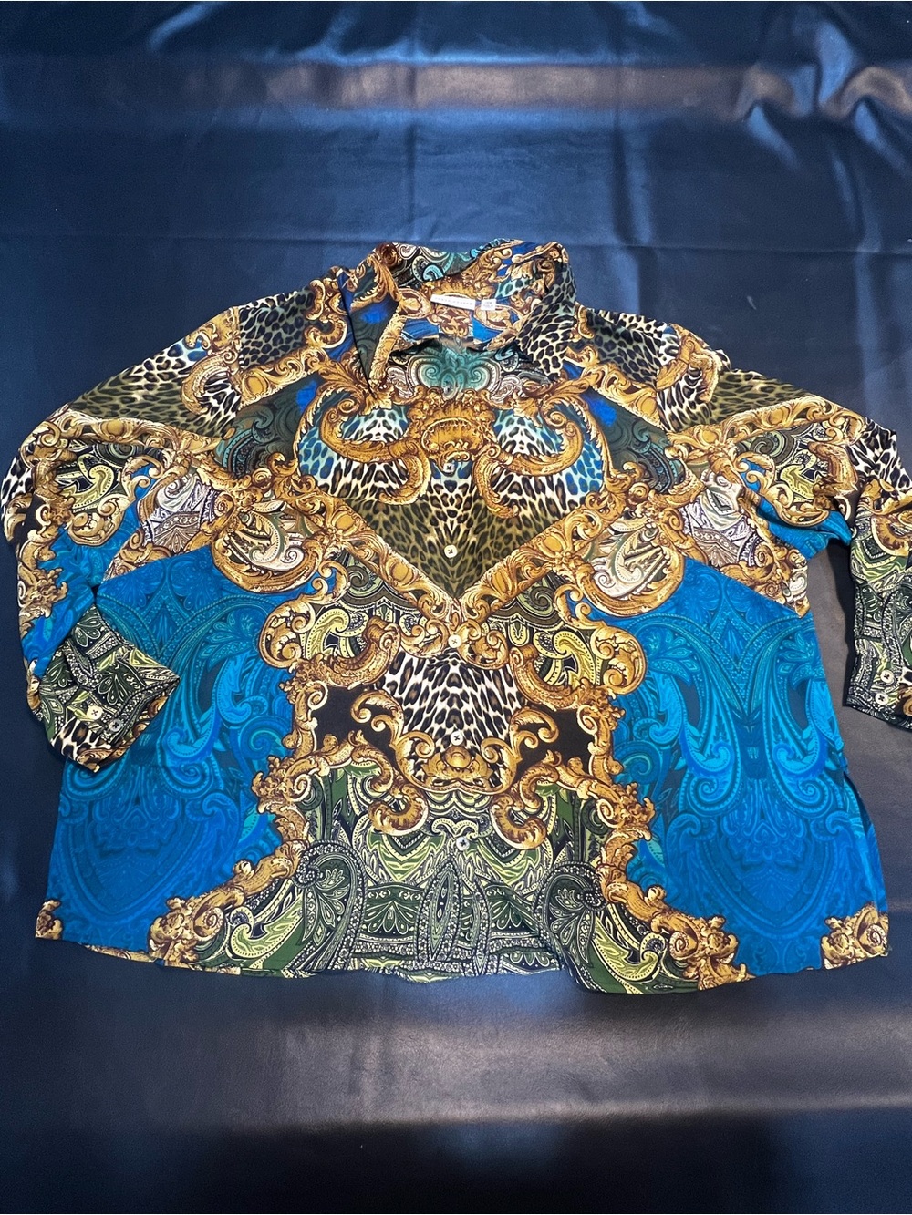 Susan Graver Ornate Baroque Paisley Boho Print Button Down Shirt Plus Size 26W